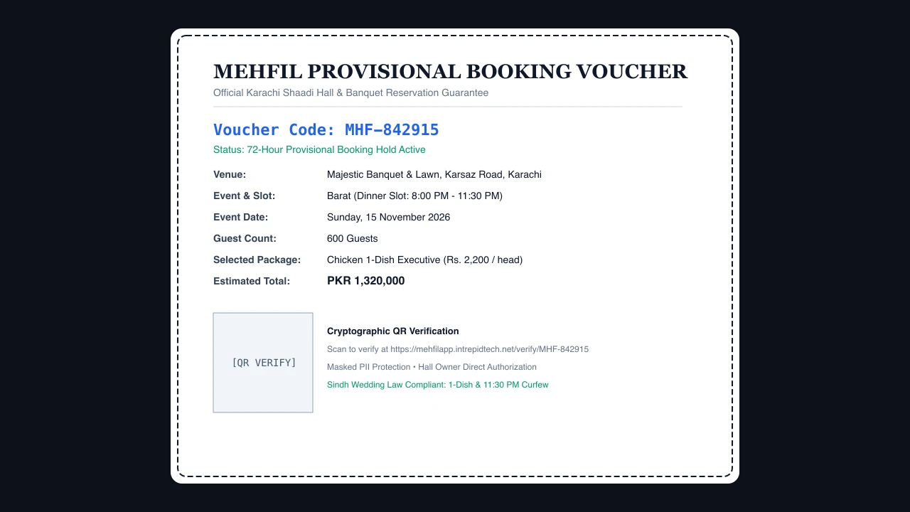 Mehfil Official Provisional Booking Voucher certificate with cryptographic QR code